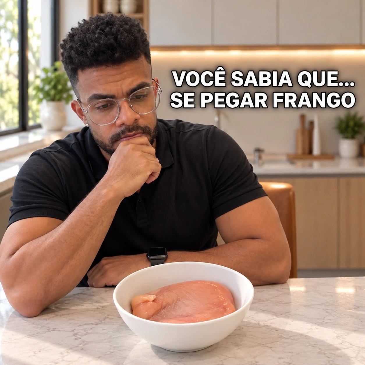 Dr. Dourado pensativo diante de um prato com peito de frango cru