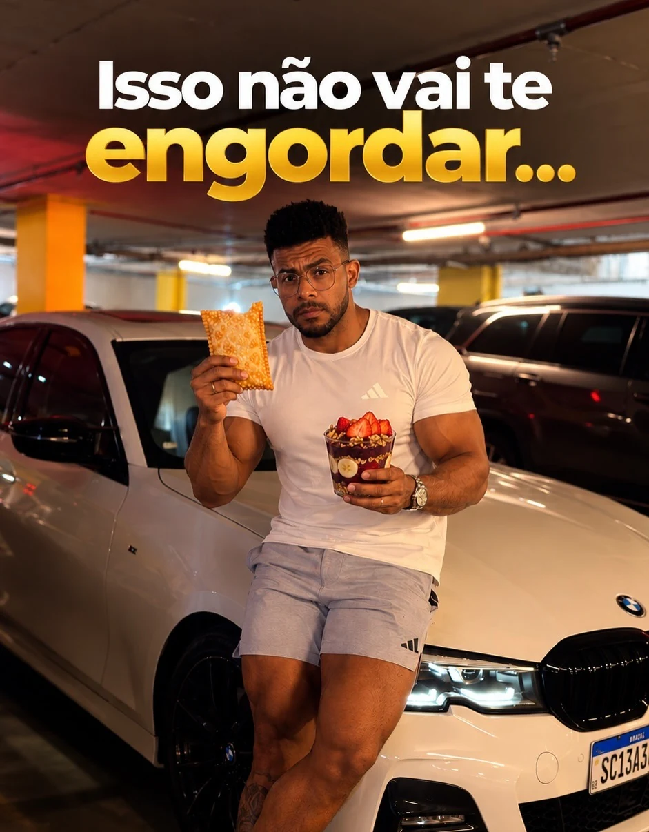 Dr. Dourado segurando um pastel e uma sobremesa ao lado de um carro