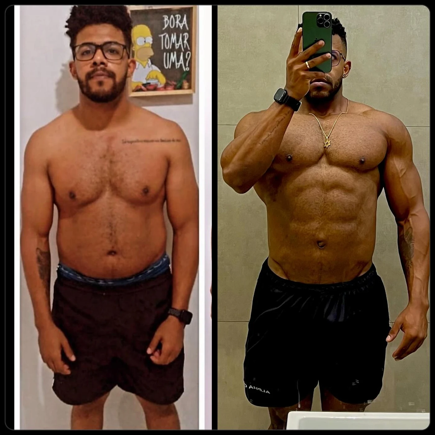 Duas fotos de Dr. Dourado lado a lado mostrando a evolução do próprio físico
