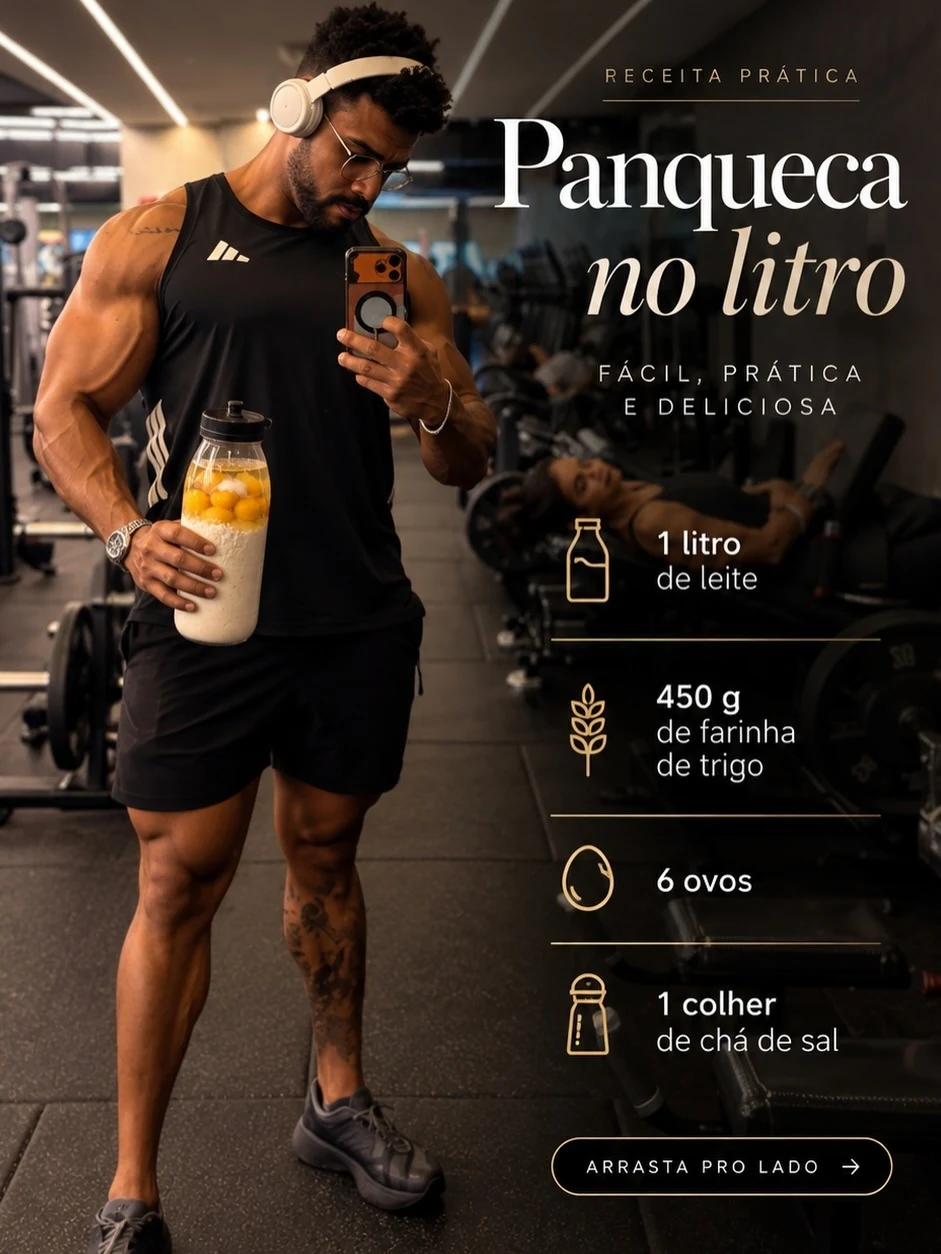 Dr. Dourado na academia segurando uma garrafa de massa de panqueca, capa da receita Panqueca no litro