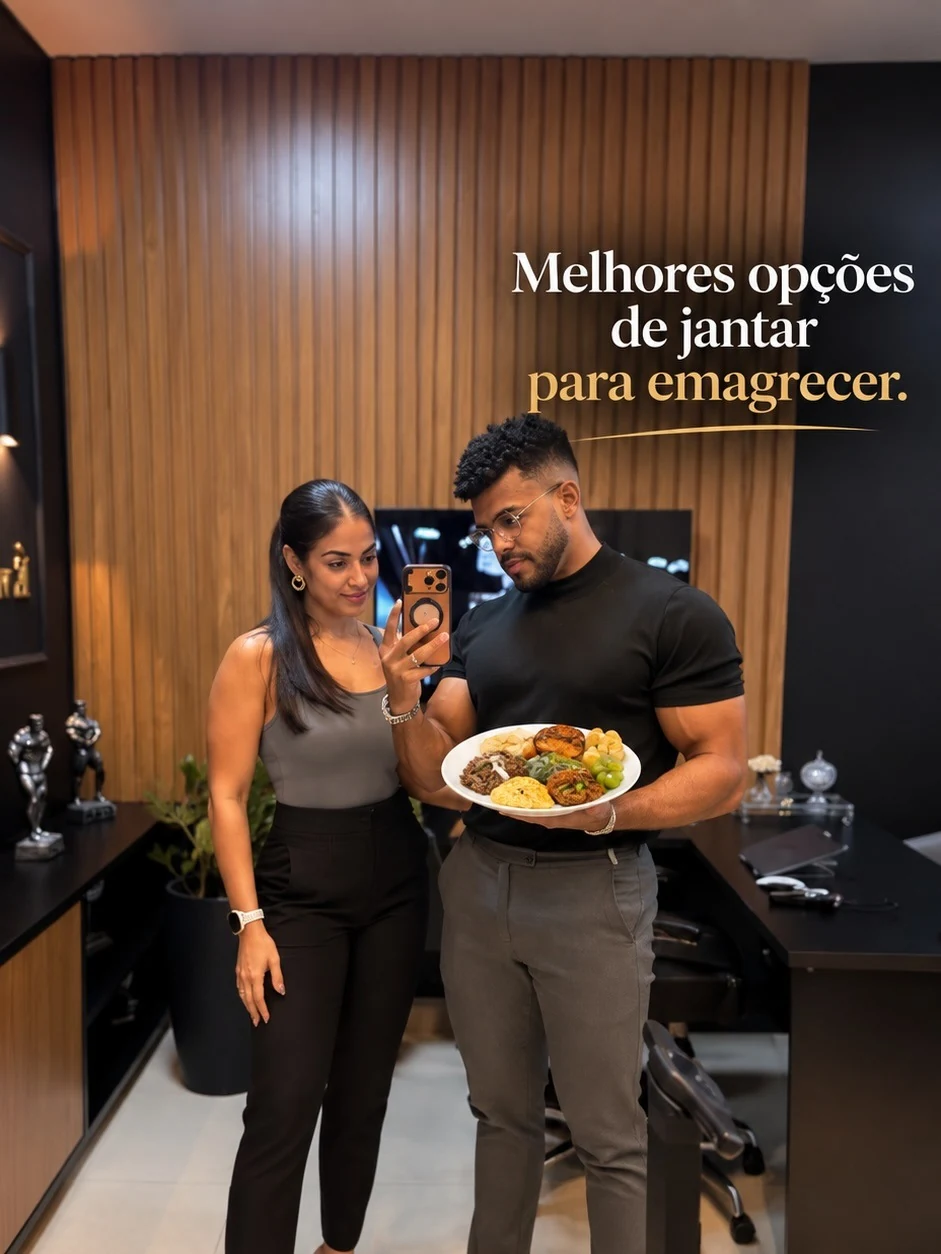 Dr. Dourado segurando um prato com opção de jantar